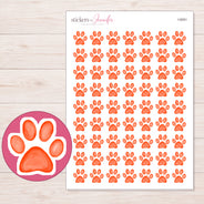 Bright Orange Watercolor Paw Planner Stickers | I-9291 — 5 × 7 inch sheet and enlarged sticker detail