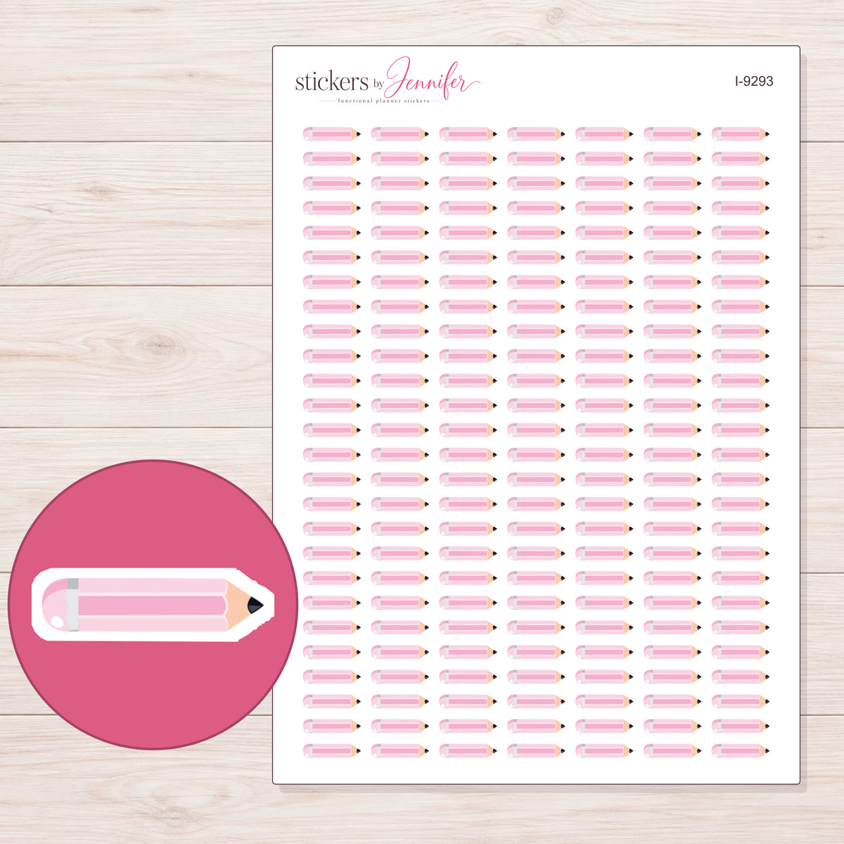 Pastel Pink Pencil Planner Stickers | I-9293 — 5 × 7 inch sheet and enlarged sticker detail
