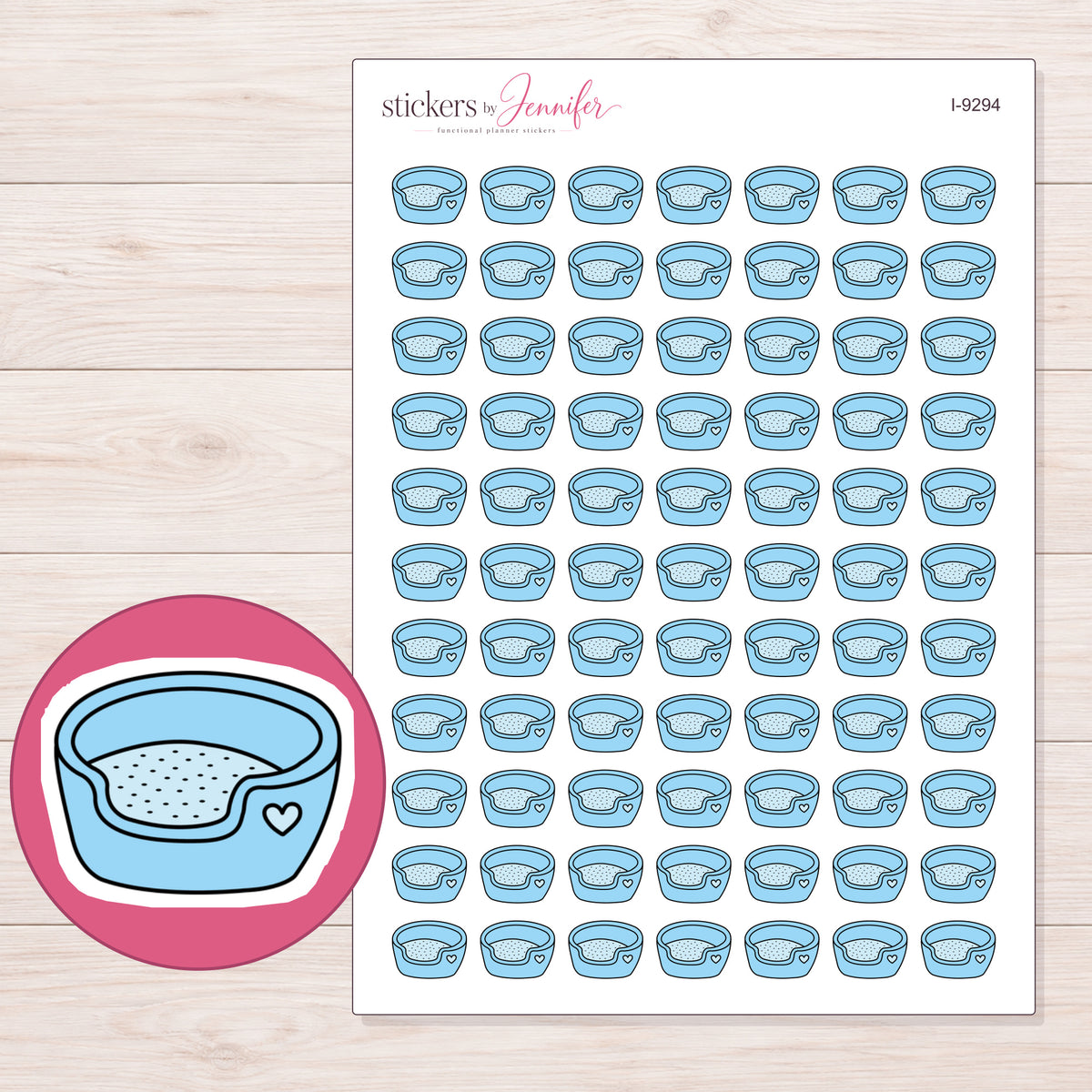 Blue Heart Pet Bed Planner Stickers | I-9294 — 5 × 7 inch sheet and enlarged sticker detail