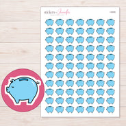 Blue Piggy Bank Planner Stickers | I-9295 — 5 × 7 inch sheet and enlarged sticker detail