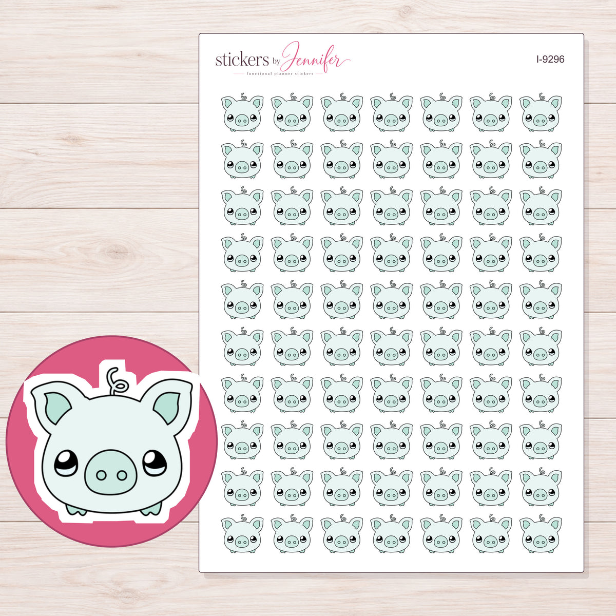 Mint Kawaii Piggy Bank Planner Stickers | I-9296 — 5 × 7 inch sheet and enlarged sticker detail