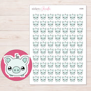 Mint Kawaii Piggy Bank Planner Stickers | I-9296 — 5 × 7 inch sheet and enlarged sticker detail