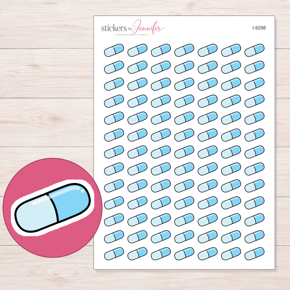 Blue Capsule Planner Stickers | I-9298 — 5 × 7 inch sheet and enlarged sticker detail