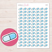 Blue Capsule Planner Stickers | I-9298 — 5 × 7 inch sheet and enlarged sticker detail