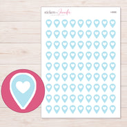 Blue Heart Location Pin Planner Stickers | I-9300 — 5 × 7 inch sheet and enlarged sticker detail