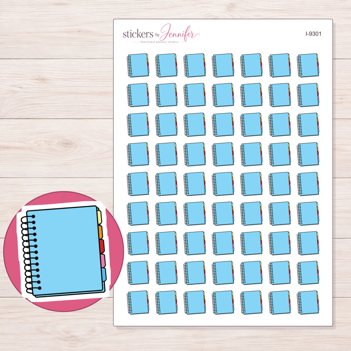 Blue Spiral Planner Stickers | I-9301 — 5 × 7 inch sheet and enlarged sticker detail