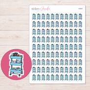 Blue Planner Supply Cart Planner Stickers | I-9304 — 5 × 7 inch sheet and enlarged sticker detail