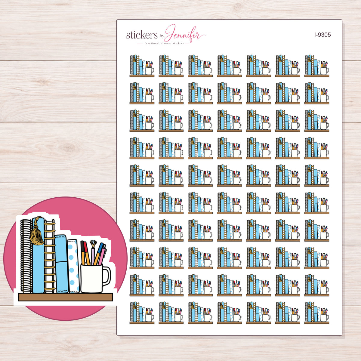 Planner Books and Pen Cup Planner Stickers | I-9305 — 5 × 7 inch sheet and enlarged sticker detail