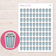 Blue Striped Popcorn Tub Planner Stickers | I-9309 — 5 × 7 inch sheet and enlarged sticker detail