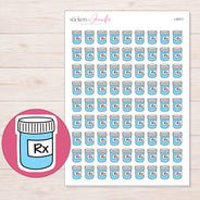 Blue Prescription Bottle Planner Stickers | I-9311 — 5 × 7 inch sheet and enlarged sticker detail