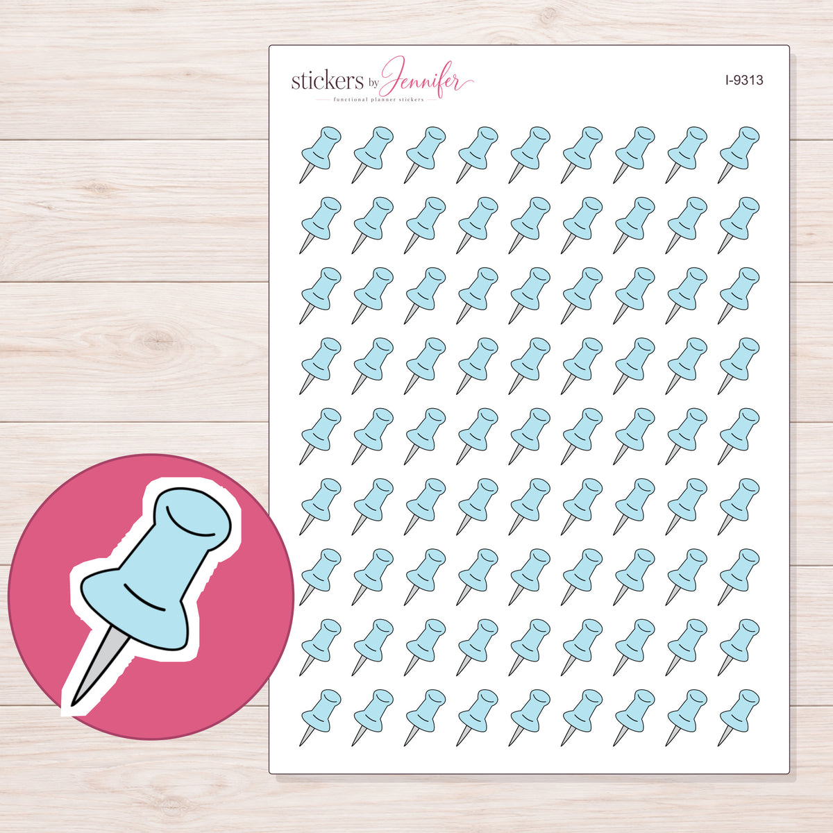Blue Pushpin Planner Stickers | I-9313 — 5 × 7 inch sheet and enlarged sticker detail