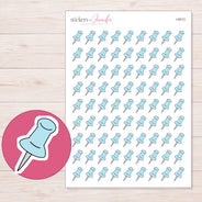 Blue Pushpin Planner Stickers | I-9313 — 5 × 7 inch sheet and enlarged sticker detail