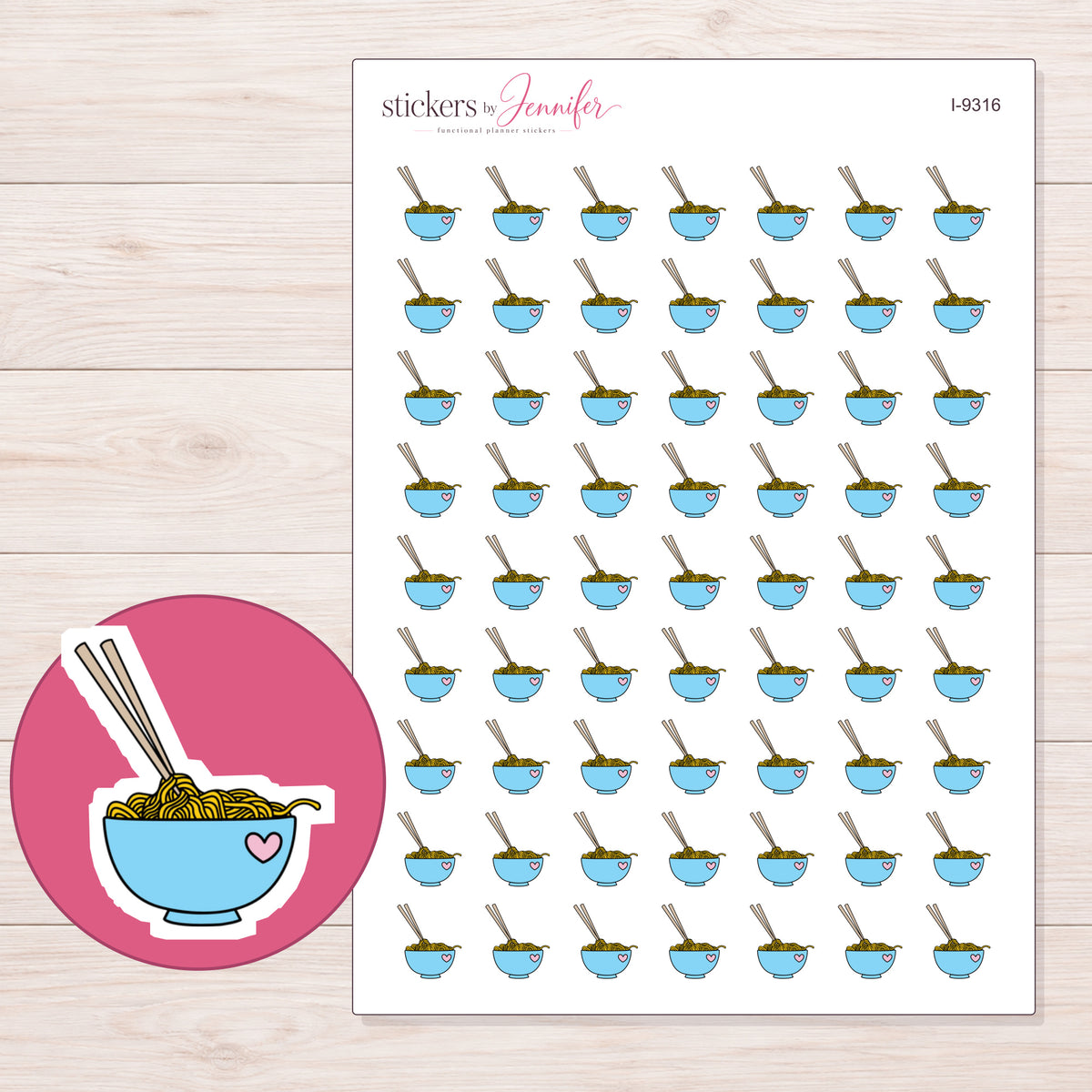 Blue Heart Ramen Bowl Planner Stickers | I-9316 — 5 × 7 inch sheet and enlarged sticker detail