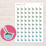 Blue Heart Ramen Bowl Planner Stickers | I-9316 — 5 × 7 inch sheet and enlarged sticker detail