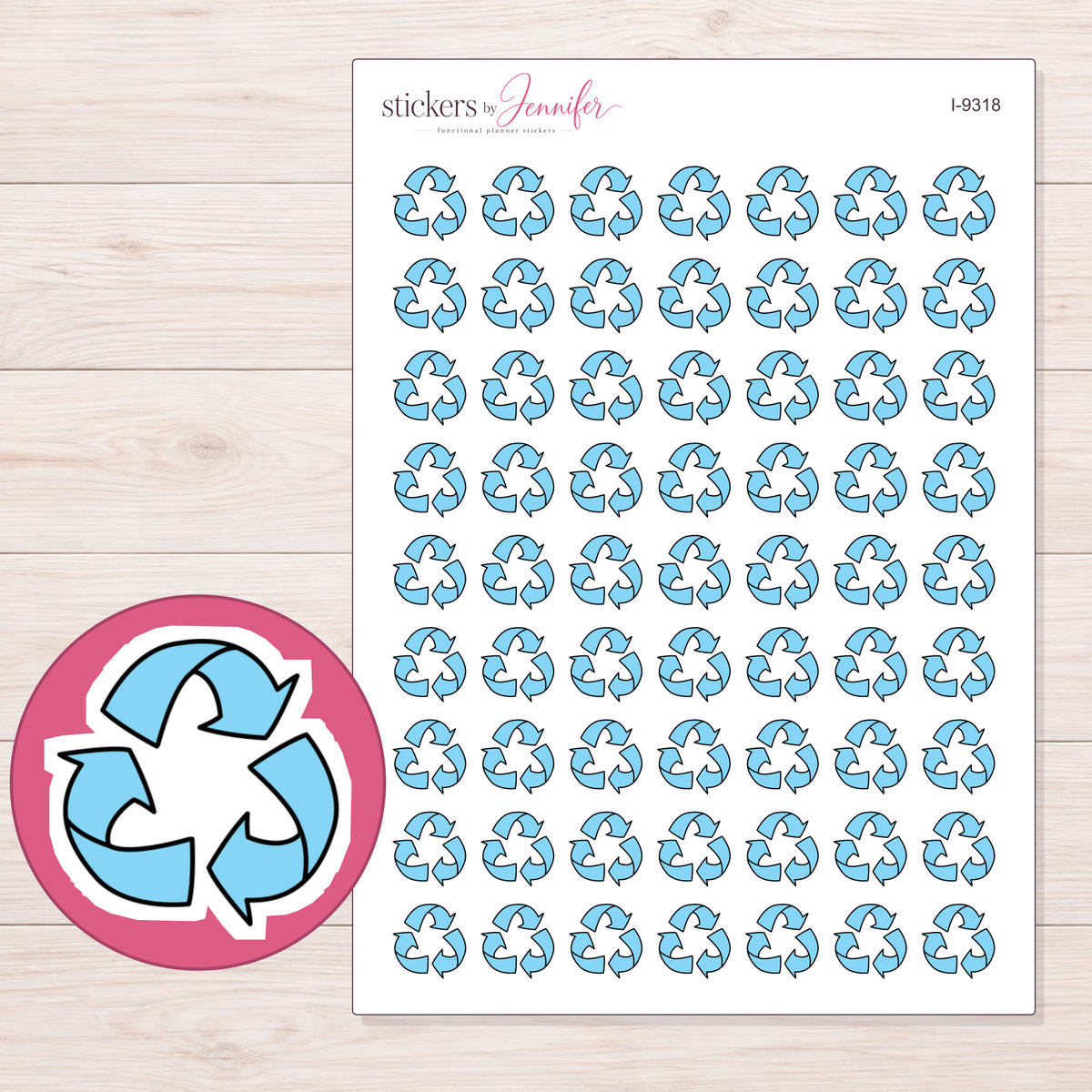Blue Recycling Symbol Planner Stickers | I-9318 — 5 × 7 inch sheet and enlarged sticker detail