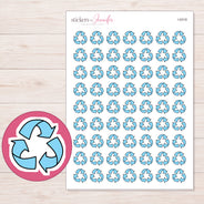 Blue Recycling Symbol Planner Stickers | I-9318 — 5 × 7 inch sheet and enlarged sticker detail