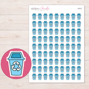 Blue Recycling Bin Planner Stickers | I-9319 — 5 × 7 inch sheet and enlarged sticker detail