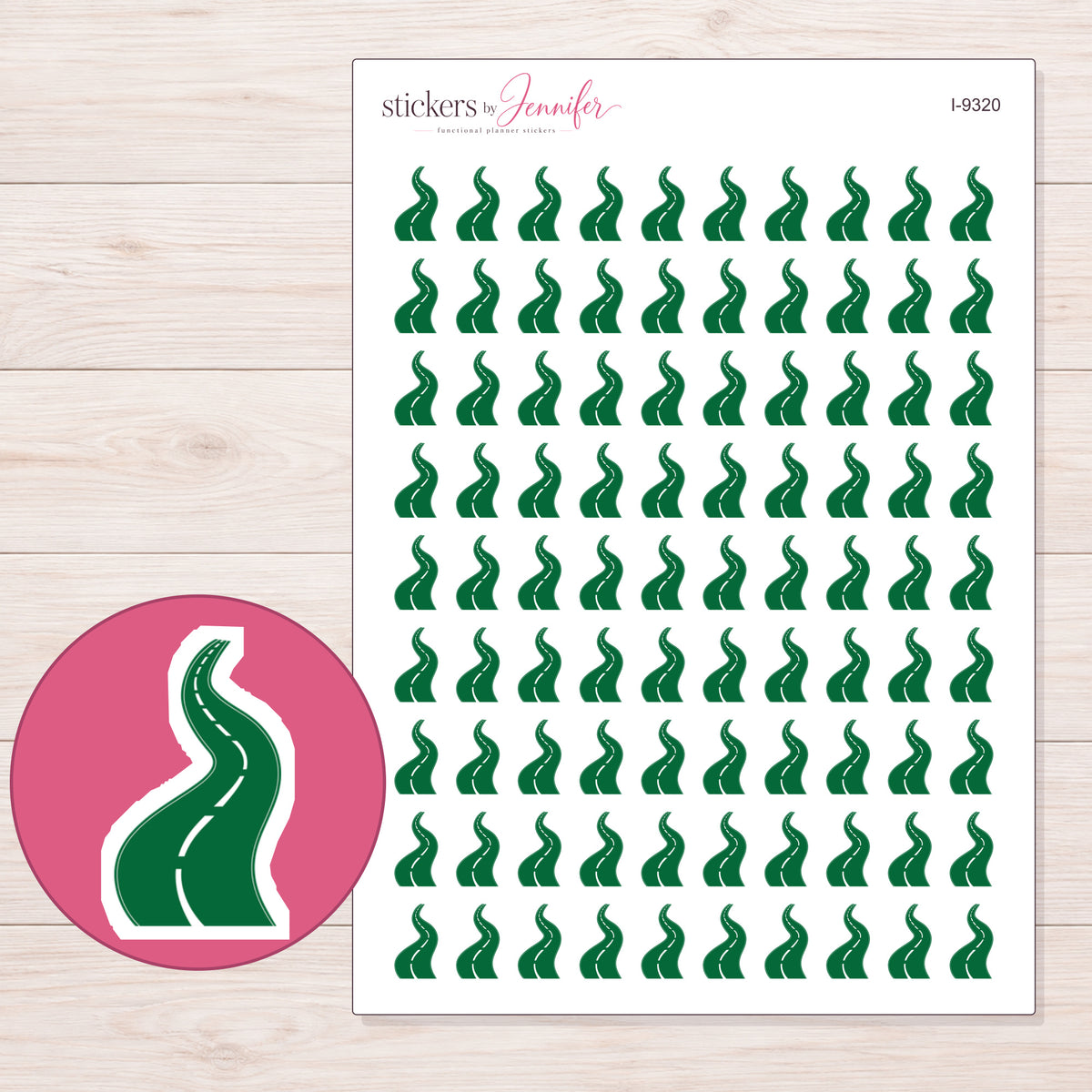 Green Winding Road Planner Stickers | I-9320 — 5 × 7 inch sheet and enlarged sticker detail