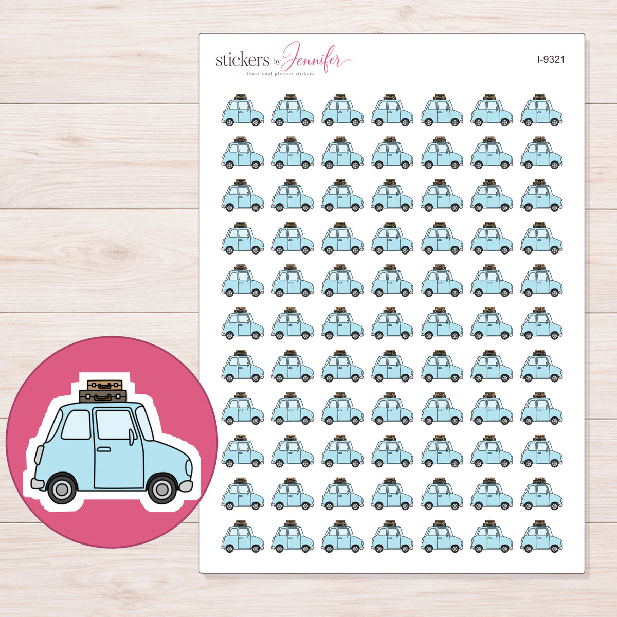 Blue Road Trip Car Planner Stickers | I-9321 — 5 × 7 inch sheet and enlarged sticker detail