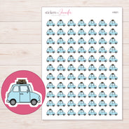 Blue Road Trip Car Planner Stickers | I-9321 — 5 × 7 inch sheet and enlarged sticker detail
