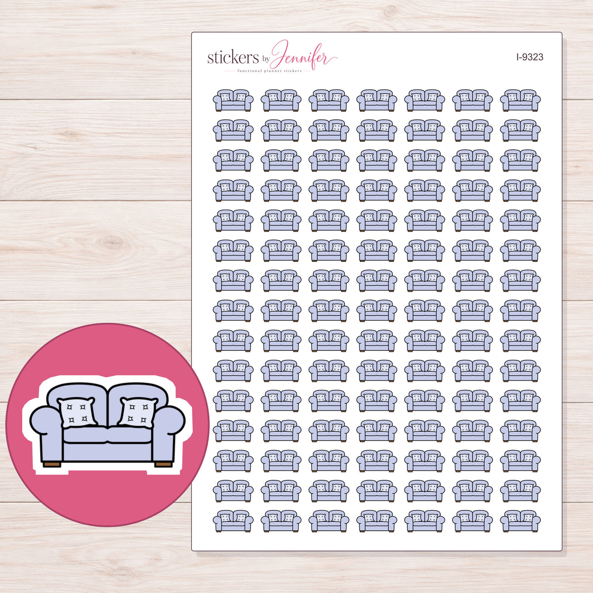 Lavender Sofa Planner Stickers | I-9323 — 5 × 7 inch sheet and enlarged sticker detail