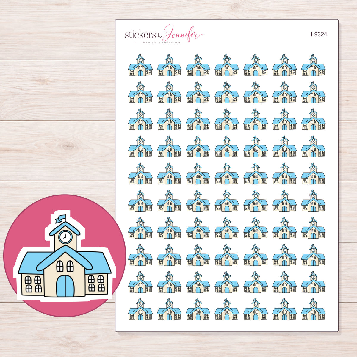 Blue Schoolhouse Planner Stickers | I-9324 — 5 × 7 inch sheet and enlarged sticker detail