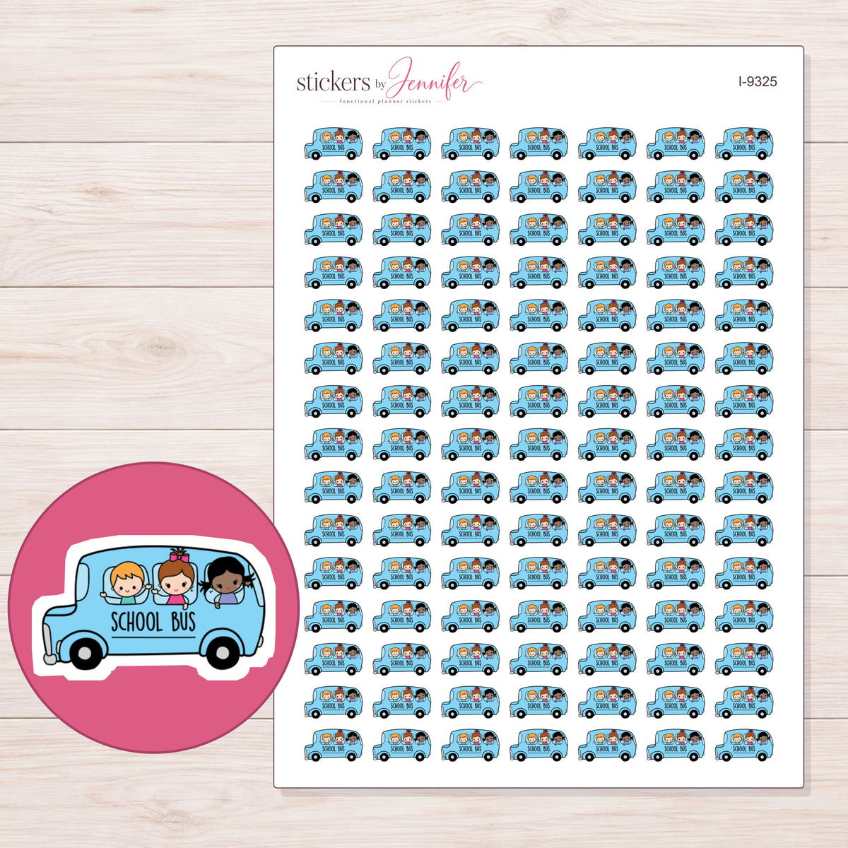 Blue School Bus Planner Stickers | I-9325 — 5 × 7 inch sheet and enlarged sticker detail