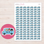 Blue School Bus Planner Stickers | I-9325 — 5 × 7 inch sheet and enlarged sticker detail