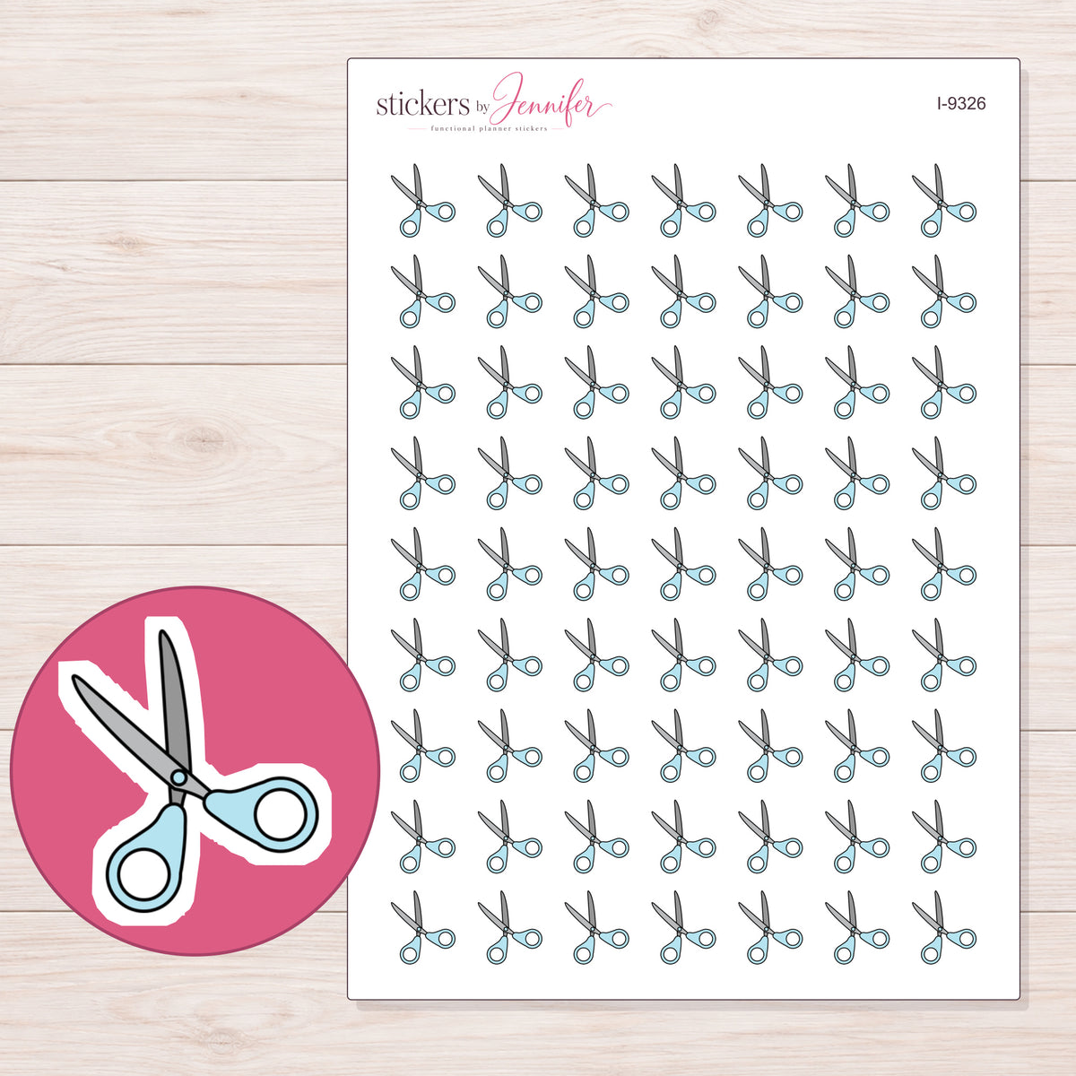 Pale Blue Handled Scissors Planner Stickers | I-9326 — 5 × 7 inch sheet and enlarged sticker detail