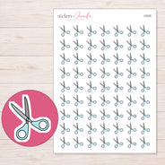 Pale Blue Handled Scissors Planner Stickers | I-9326 — 5 × 7 inch sheet and enlarged sticker detail
