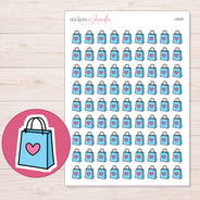 Blue Heart Shopping Bag Planner Stickers | I-9329 — 5 × 7 inch sheet and enlarged sticker detail