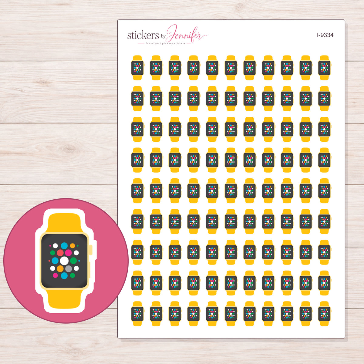 Yellow Band Smartwatch Planner Stickers | I-9334 — 5 × 7 inch sheet and enlarged sticker detail