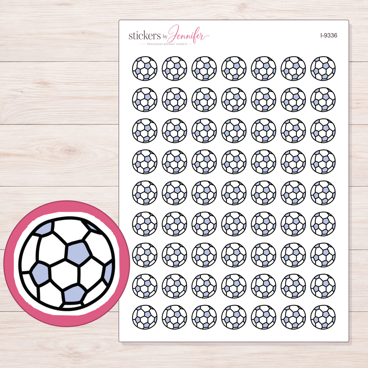 Lavender and White Soccer Ball Planner Stickers | I-9336 — 5 × 7 inch sheet and enlarged sticker detail