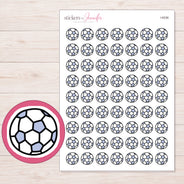 Lavender and White Soccer Ball Planner Stickers | I-9336 — 5 × 7 inch sheet and enlarged sticker detail