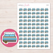 Stack of Blue Planners Planner Stickers | I-9338 — 5 × 7 inch sheet and enlarged sticker detail