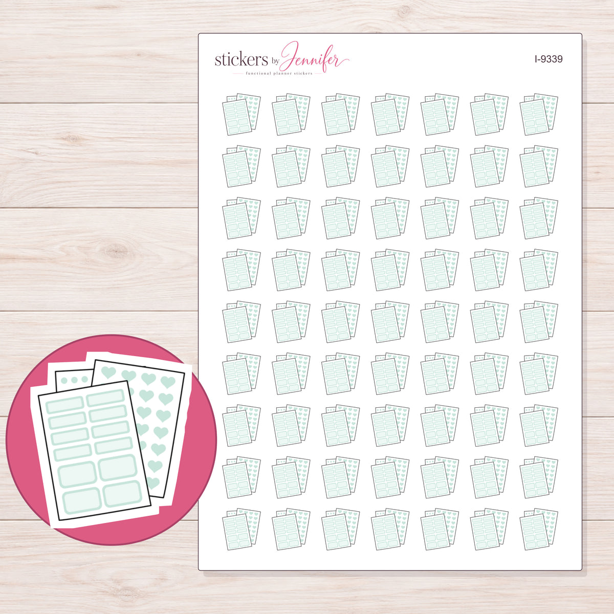Mint Planner Sticker Sheets Planner Stickers | I-9339 — 5 × 7 inch sheet and enlarged sticker detail
