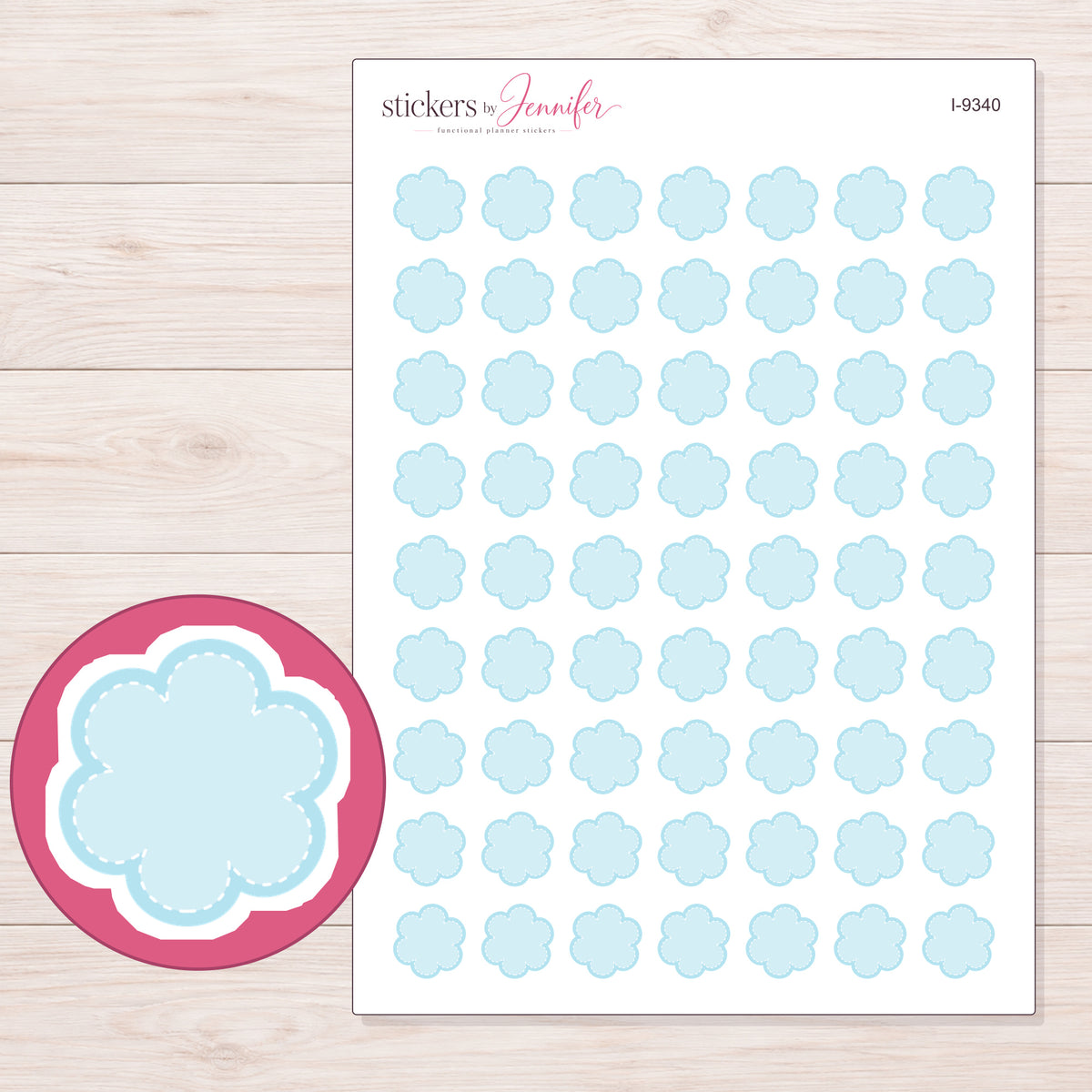 Pale Blue Stitched Flower Planner Stickers | I-9340 — 5 × 7 inch sheet and enlarged sticker detail