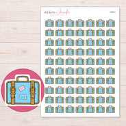 Blue Vintage Suitcase Planner Stickers | I-9341 — 5 × 7 inch sheet and enlarged sticker detail