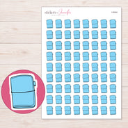 Blue Travel Notebook Planner Stickers | I-9344 — 5 × 7 inch sheet and enlarged sticker detail