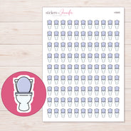 White Toilet with Lavender Seat Planner Stickers | I-9345 — 5 × 7 inch sheet and enlarged sticker detail