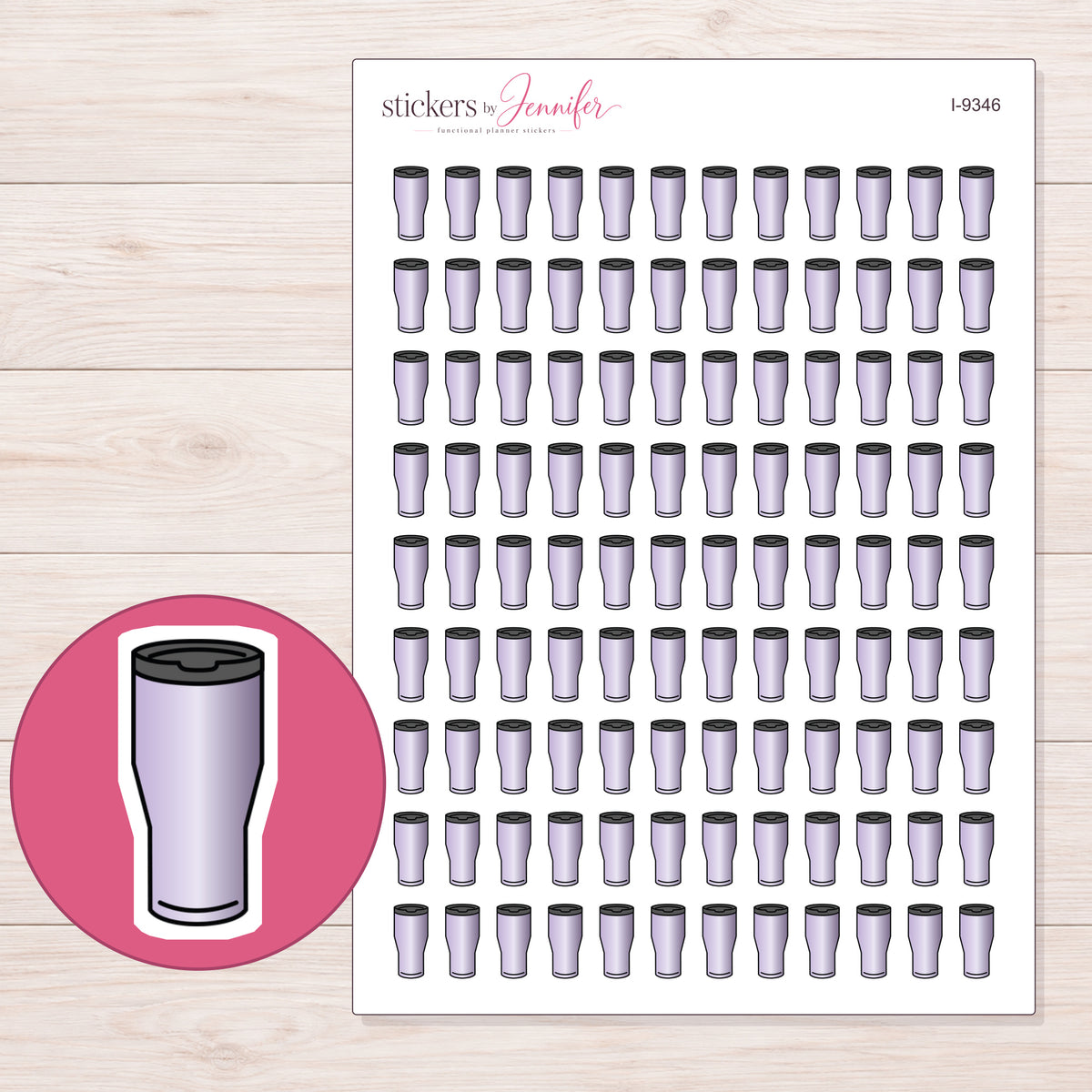 Lavender Travel Tumbler Planner Stickers | I-9346 — 5 × 7 inch sheet and enlarged sticker detail