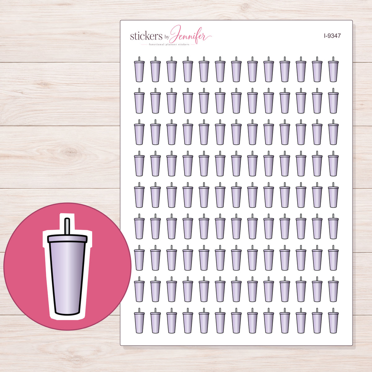 Lavender Straw Tumbler Planner Stickers | I-9347 — 5 × 7 inch sheet and enlarged sticker detail