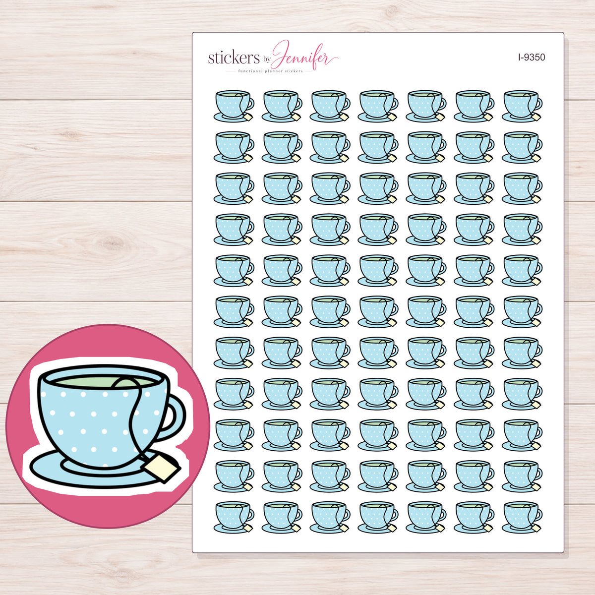 Blue Polka Dot Teacup Planner Stickers | I-9350 — 5 × 7 inch sheet and enlarged sticker detail