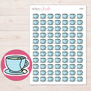 Blue Polka Dot Teacup Planner Stickers | I-9350 — 5 × 7 inch sheet and enlarged sticker detail