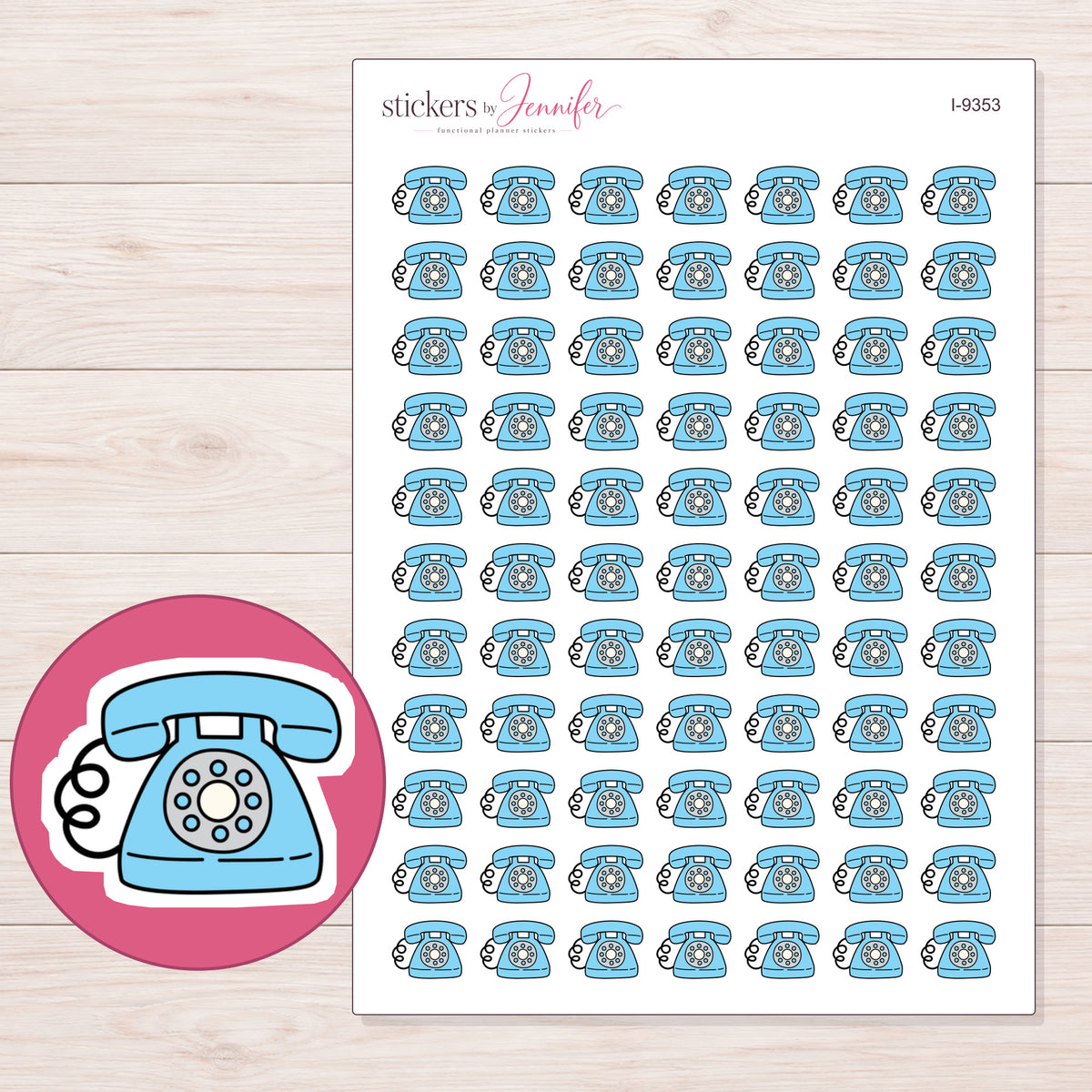 Blue Rotary Telephone Planner Stickers | I-9353 — 5 × 7 inch sheet and enlarged sticker detail