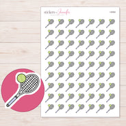 Tennis Racket and Ball Planner Stickers | I-9354 — 5 × 7 inch sheet and enlarged sticker detail