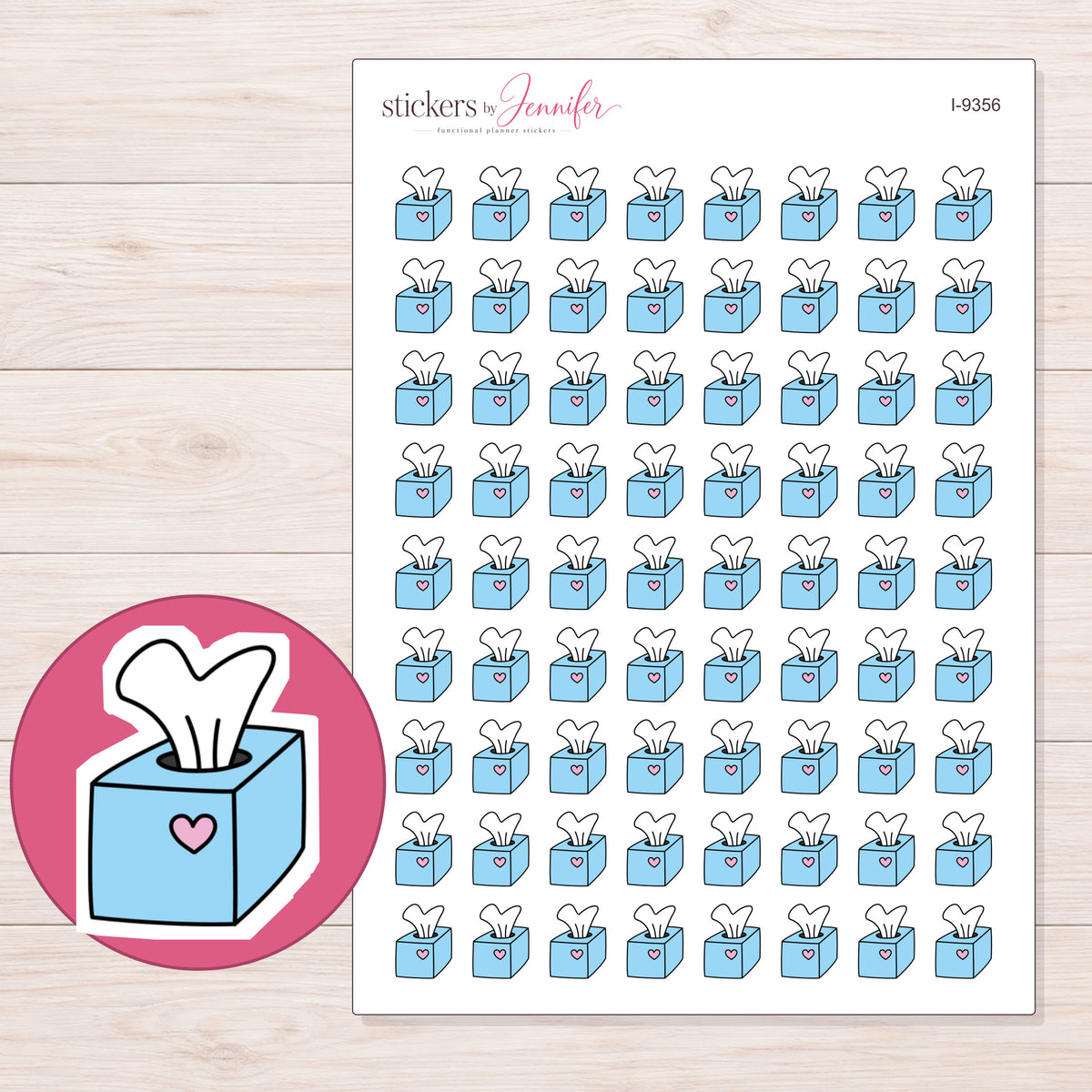 Blue Heart Tissue Box Planner Stickers | I-9356 — 5 × 7 inch sheet and enlarged sticker detail