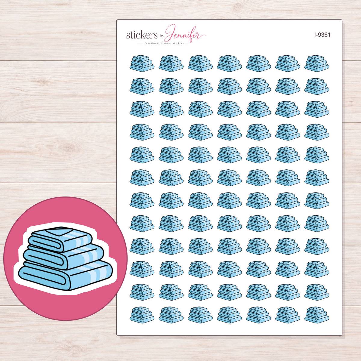 Stack of Blue Towels Planner Stickers | I-9361 — 5 × 7 inch sheet and enlarged sticker detail