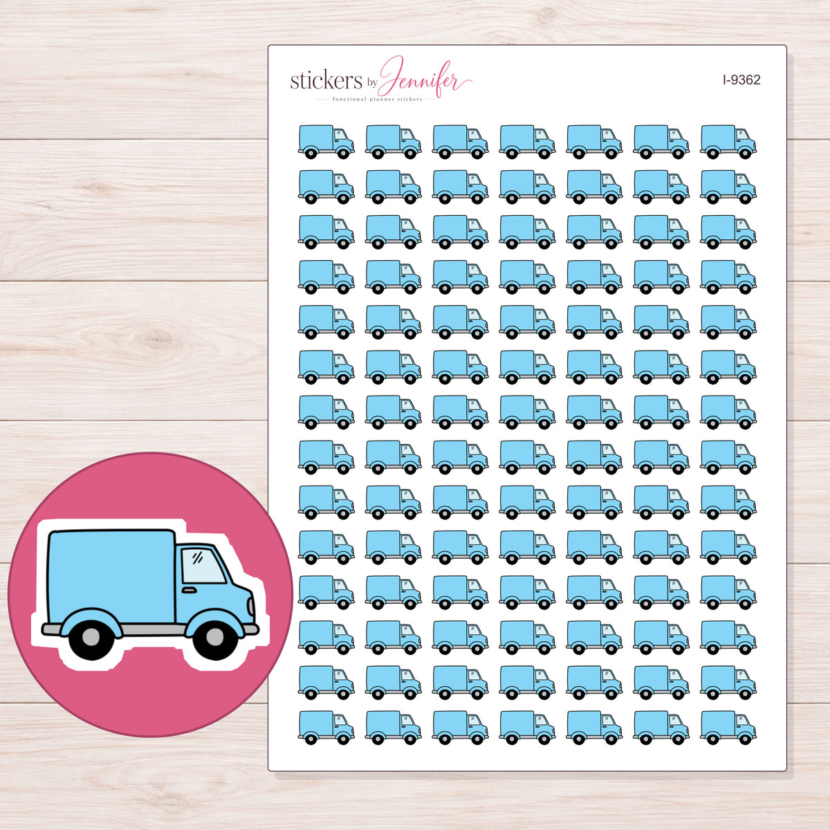 Blue Delivery Truck Planner Stickers | I-9362 — 5 × 7 inch sheet and enlarged sticker detail