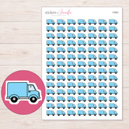 Blue Delivery Truck Planner Stickers | I-9362 — 5 × 7 inch sheet and enlarged sticker detail